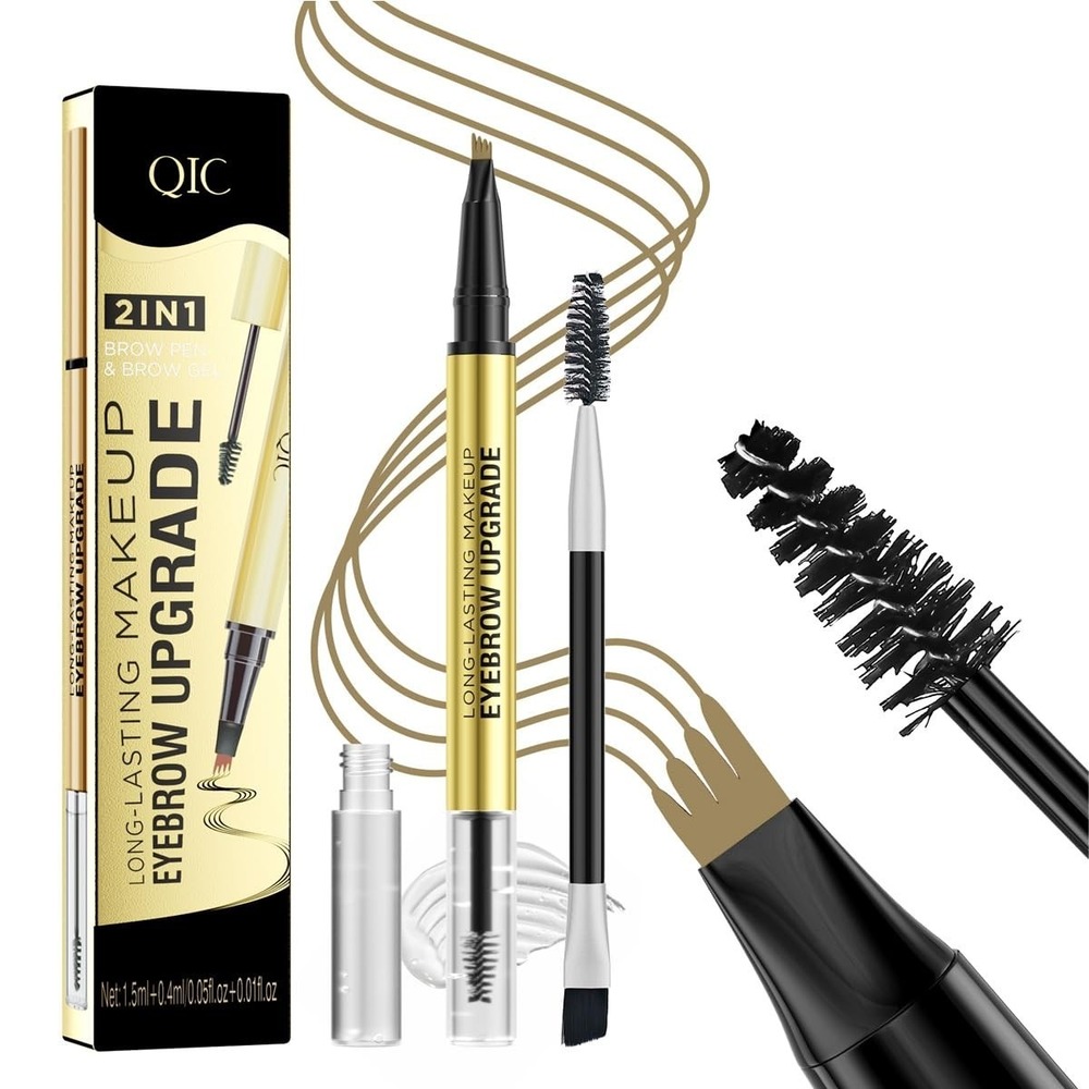 QIC Microblading Eyebrow Pencil 4-Tip with Sealing Brow Gel 2-in-1 Light Brown